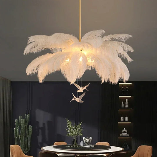 Luxury LED Ostrich Bird Feather Chandelier Lamp White Living Room Ceiling Light Home Decoration Hanging Lighting Fixture